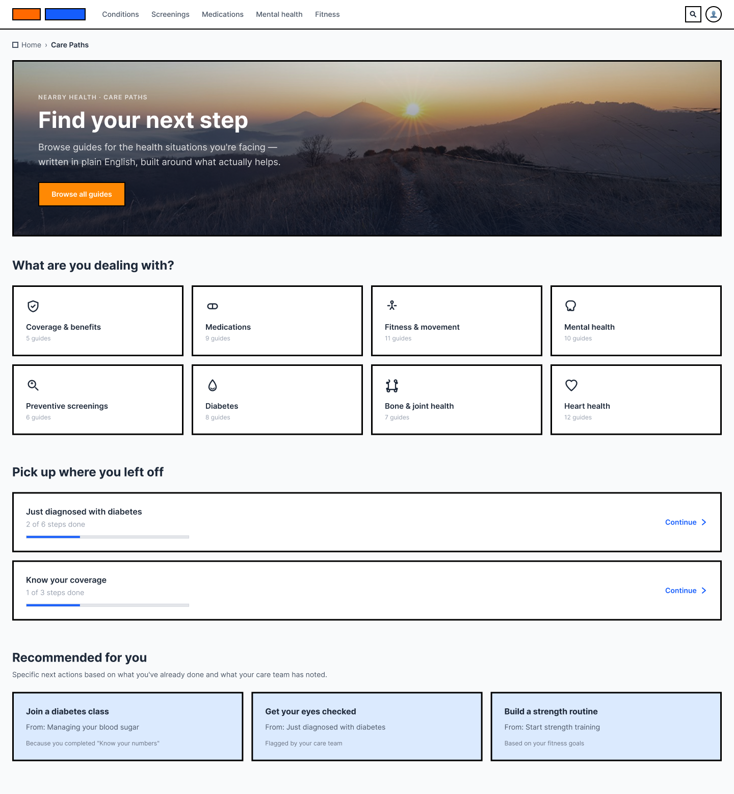 Care Paths landing page. A banner headed “Find your next step” sits above a section titled “What are you dealing with?” with eight topic cards including Coverage & benefits, Medications, Diabetes, and Mental health, each showing a guide count. Below, “Pick up where you left off” shows two guides with progress bars, and “Recommended for you” shows three suggested actions, each labelled with the reason it was surfaced.