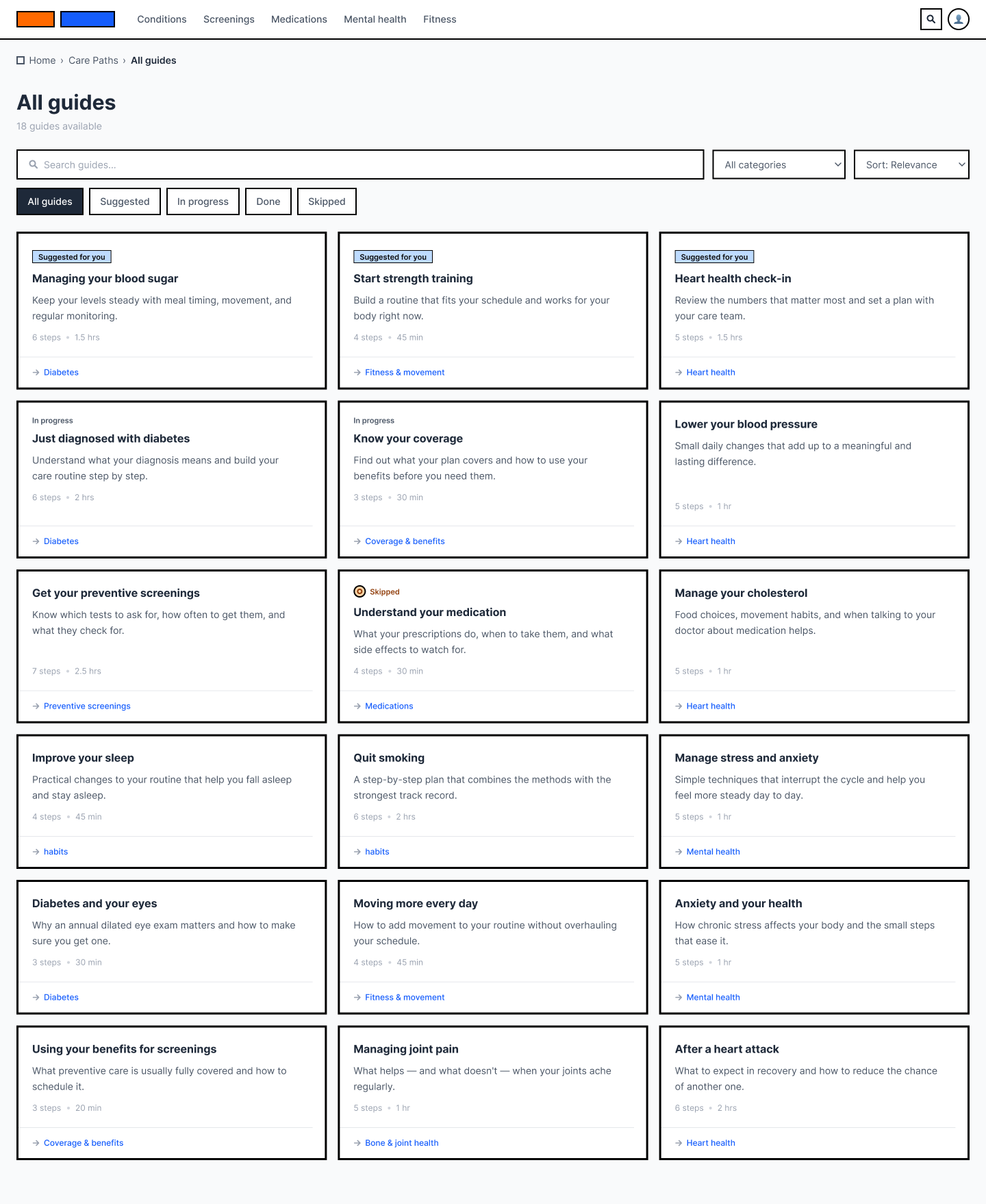 The All guides page listing eighteen guides in a three-column grid. A search field, category menu and sort menu sit above filter chips reading All guides, Suggested, In progress, Done and Skipped. Each card shows a title, a one-line description, a step count and time estimate, and a category link; some carry a “Suggested for you” or “Skipped” badge.