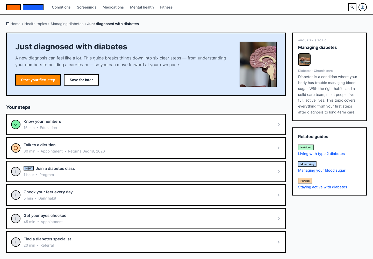 The guide detail page for “Just diagnosed with diabetes” on desktop. An introduction panel explains the guide breaks things into six clear steps, with “Start your first step” and “Save for later” buttons. Below, “Your steps” lists six rows — Know your numbers, Talk to a dietitian, Join a diabetes class, Check your feet every day, Get your eyes checked, and Find a diabetes specialist — each with a status icon, a time estimate and a type such as Education, Appointment or Daily habit. A sidebar shows an “About this topic” summary and three related guides.