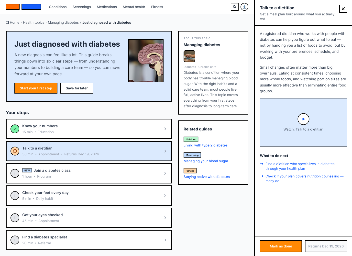 The same guide detail page with a side sheet open for the step “Talk to a dietitian”. The sheet explains in plain language what a dietitian does, carries a video placeholder and a “What to do next” list of two links, and ends in a “Mark as done” button beside a disabled control reading “Returns Dec 19, 2026”. The matching row in the steps list behind it is highlighted.